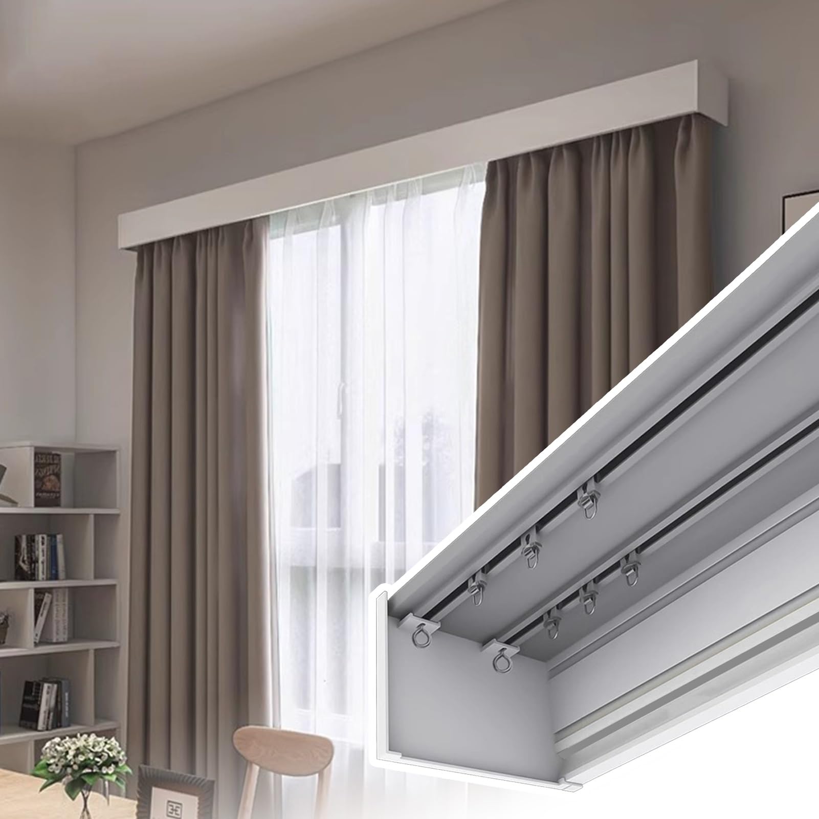 LYMSXAZOU Double Rail Ceiling Mounted Window Curtain Rod Heavy Duty White Aluminum Pelmet Box 480cm (15.7ft) Wall Adjustable Track for Bedroom