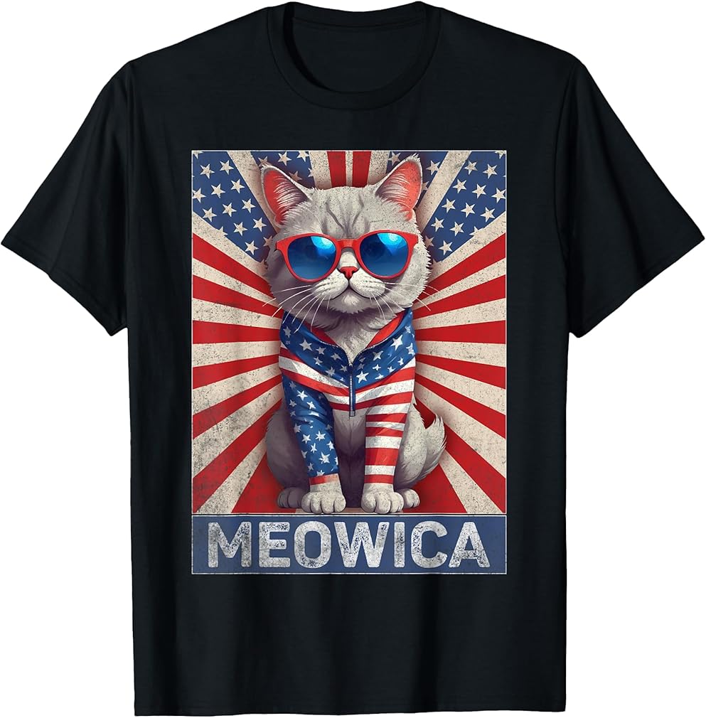 Patriotic Cat 4th of July Meowica American Flag Cat T-Shirt