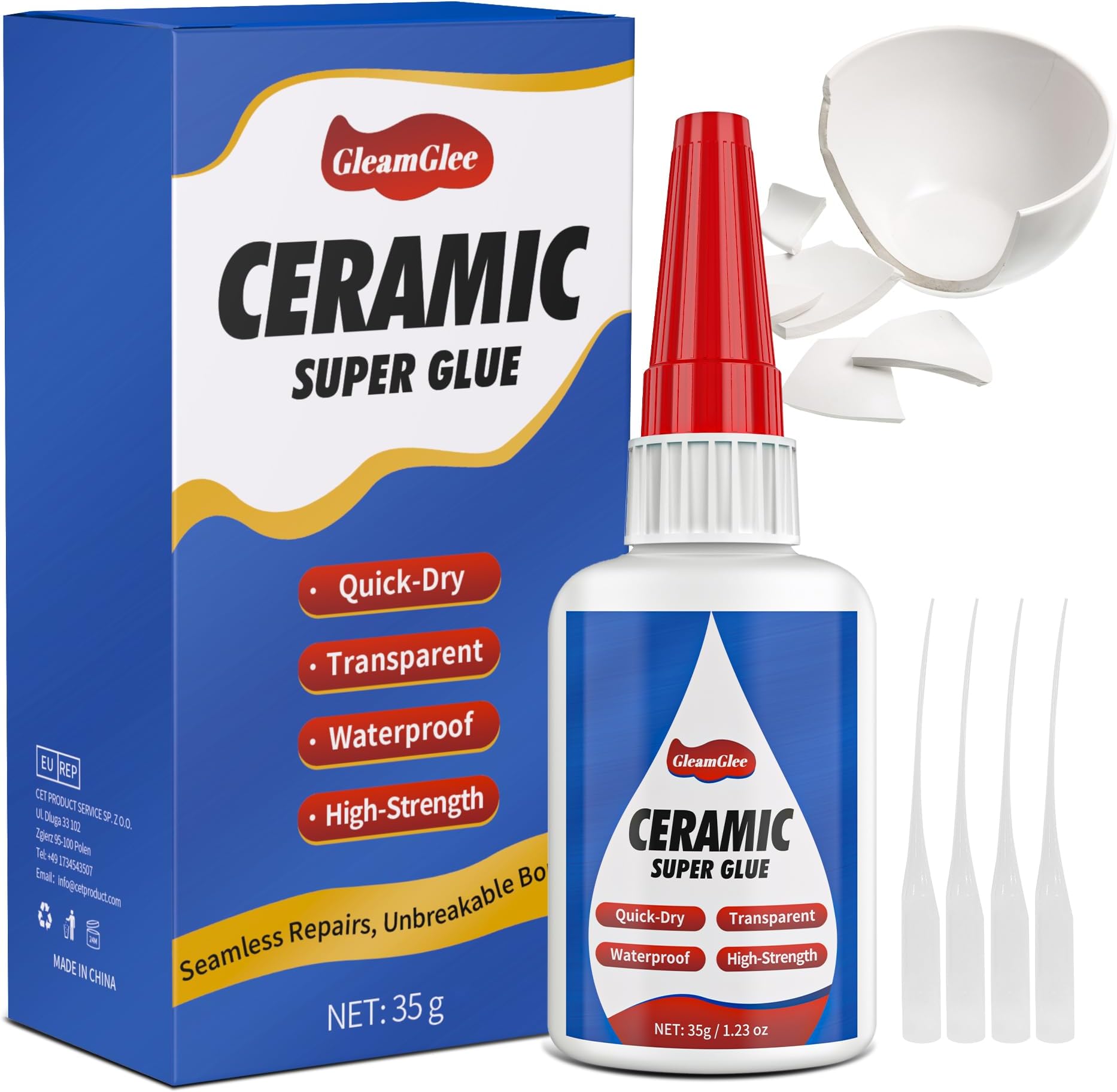 35g Ceramic Glue - Ultra Strong, Instant, Waterproof, high Temperature Resistant, Food Grade Super Glue Adhesive for Porcelain, Pottery, Dishes, Tiles, DIY Crafts, and More