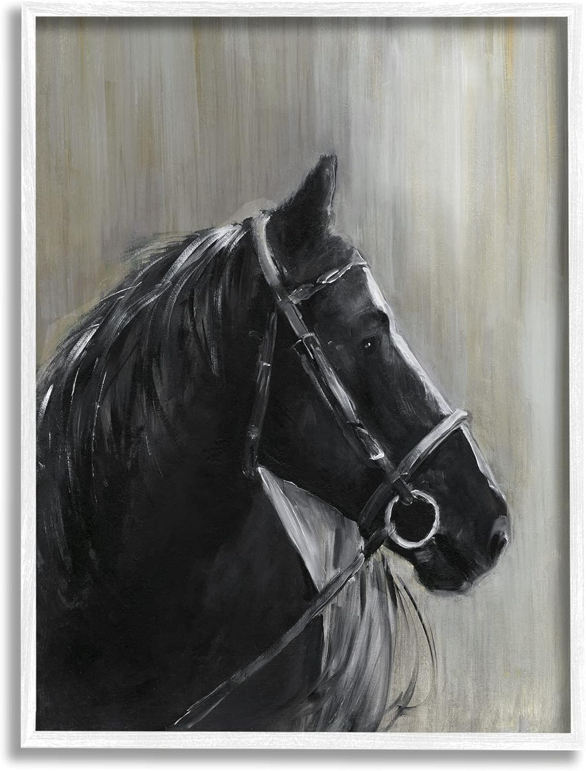 Stupell Industries Black Horse in Bridle Solemn Equestrian Portrait