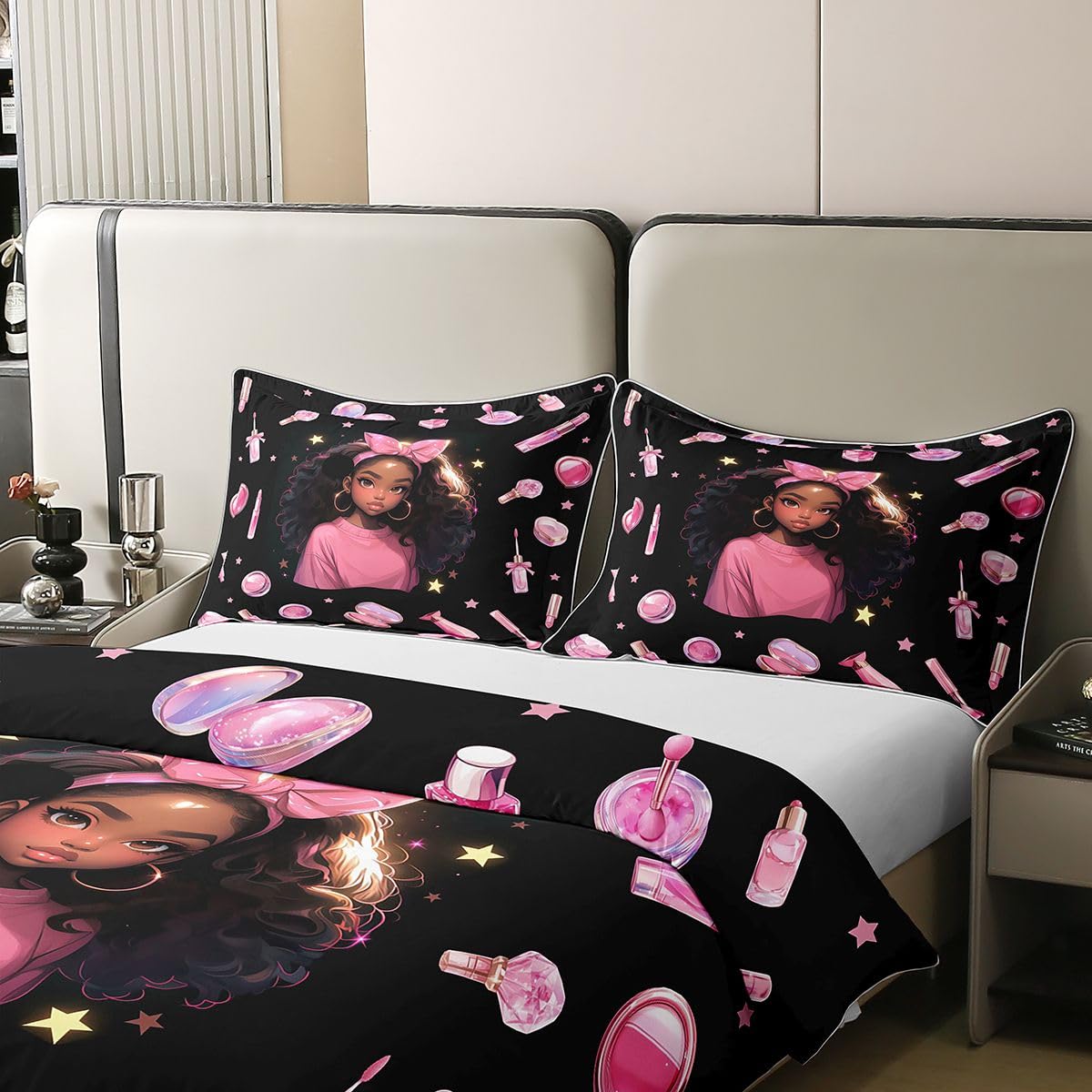 Homewish Schwarzes Mädchen Bettbezug 155x220 Baumwolle Schleife Bettwäsche Sterne Haartrockner Lippenstift Muster Bedding Puder Kompakt Nagellack Bettwäsche Set Weich 2 teilig