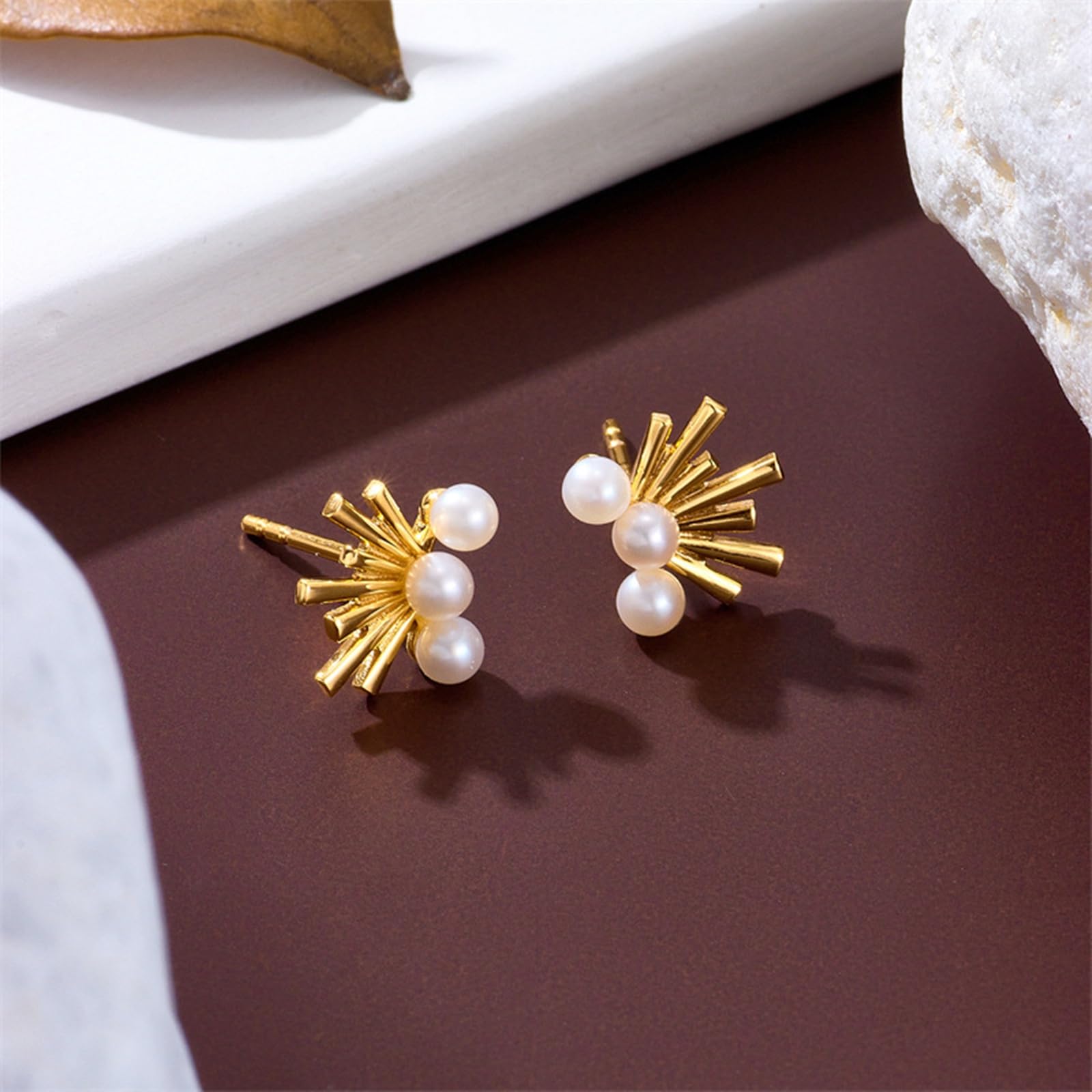 Pendientes geométricos de oro amarillo de 9K/14K/18K para mujer con perla