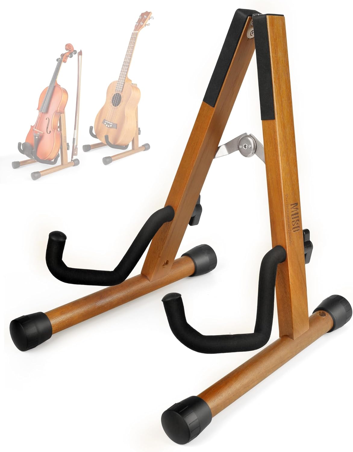 MUSO Wood Violin Stand with bow holder, Ukulele Stand, Wooden Stand for Mini Small Guitars, Banjo and Mandolin