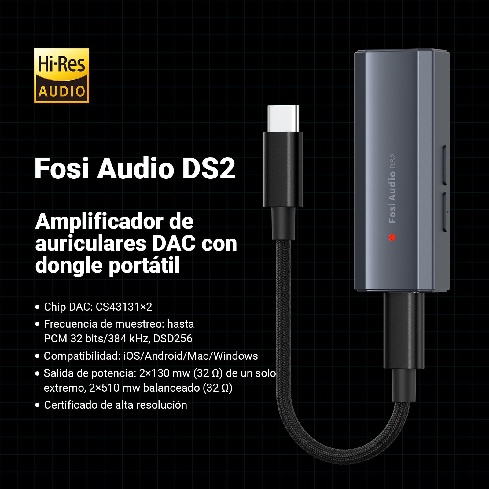 Fosi Audio DS2 USB C a AUX Amplificador de auriculares DAC Dongle 3.5mm Jack Adaptador de audio amplificador portátil con doble salida DSD256 4.4mm balanceada de alta resolución CS43131 Chip