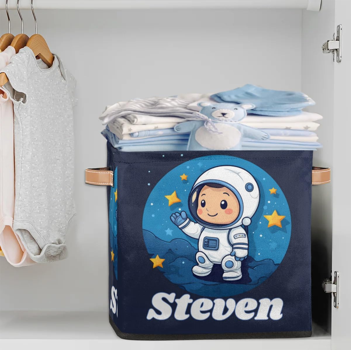 Custom Name Universe Planet Storage Basket Personalized Foldable Space Astronaut Storage Bin with Handle for Kids Boys Clothes Toys Dolls Home Nursery Dorm Bedroom,Cute Astronaut
