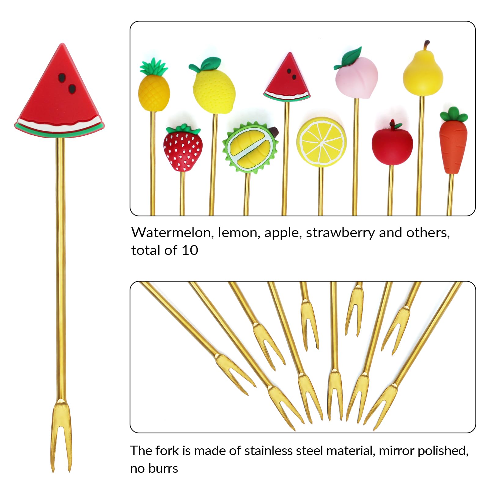 10Pcs Gold Cocktail Picks 5.2 Inch Metal Cocktail Picks Fruit Shape Appetizers Picks Reusable Food Skewers for Appetizers Bar Party Snacks Dessert Cake Sandwiches