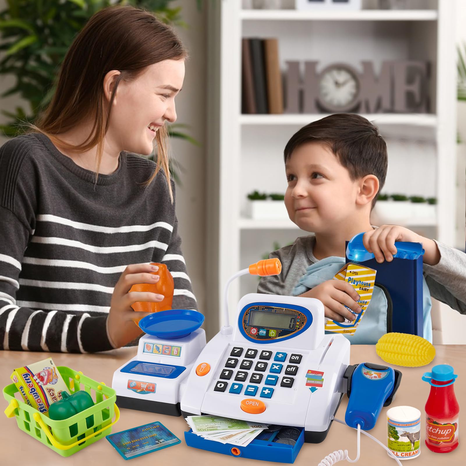 HERSITY Große Kinderkasse, Spielzeug Kasse mit Scanner und Sound, Spiel Supermarkt Kinder Kaufladen Zubehör Rollenspiel Geschenk Jungen Mädchen 3 4 5 Jahren