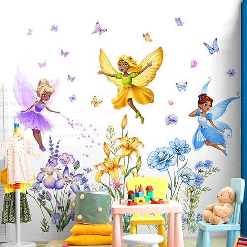 Miniatura 5 de 3 calcomanías de pared para niña de hadas, calcomanías de pared de flores, calcomanías de flores para despegar y pegar, calcomanías de pared para