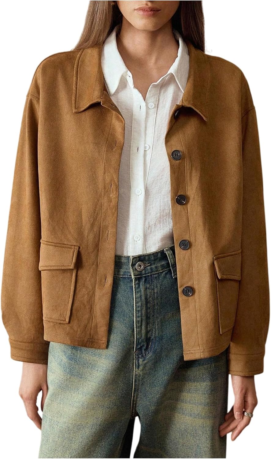 GORGLITTER Women's Faux Suede Jacket Shackets Long Sleeve Button Up Cardigan Collared Vintage Casual Going Out Outfits