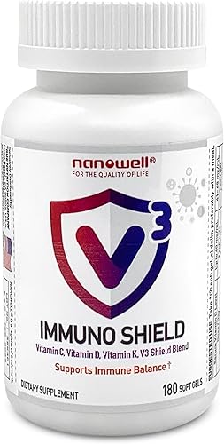 V3 IMMUNO Shield 180 cápsulas blandas, suplemento de apoyo inmunológico, vitamina C, vitamina D3, complejo K y zinc (180 unidades)
