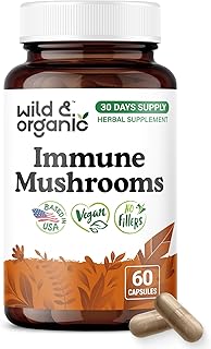 Wild & Organic Immune Mushroom Complex Capsules - 8 Mushroom Blend Supplements for Immunity Support with Turkey Tail, Chaga, Reishi Powder - 30 Days Supply - Vegan, No Fillers, Non-GMO - 60 Count