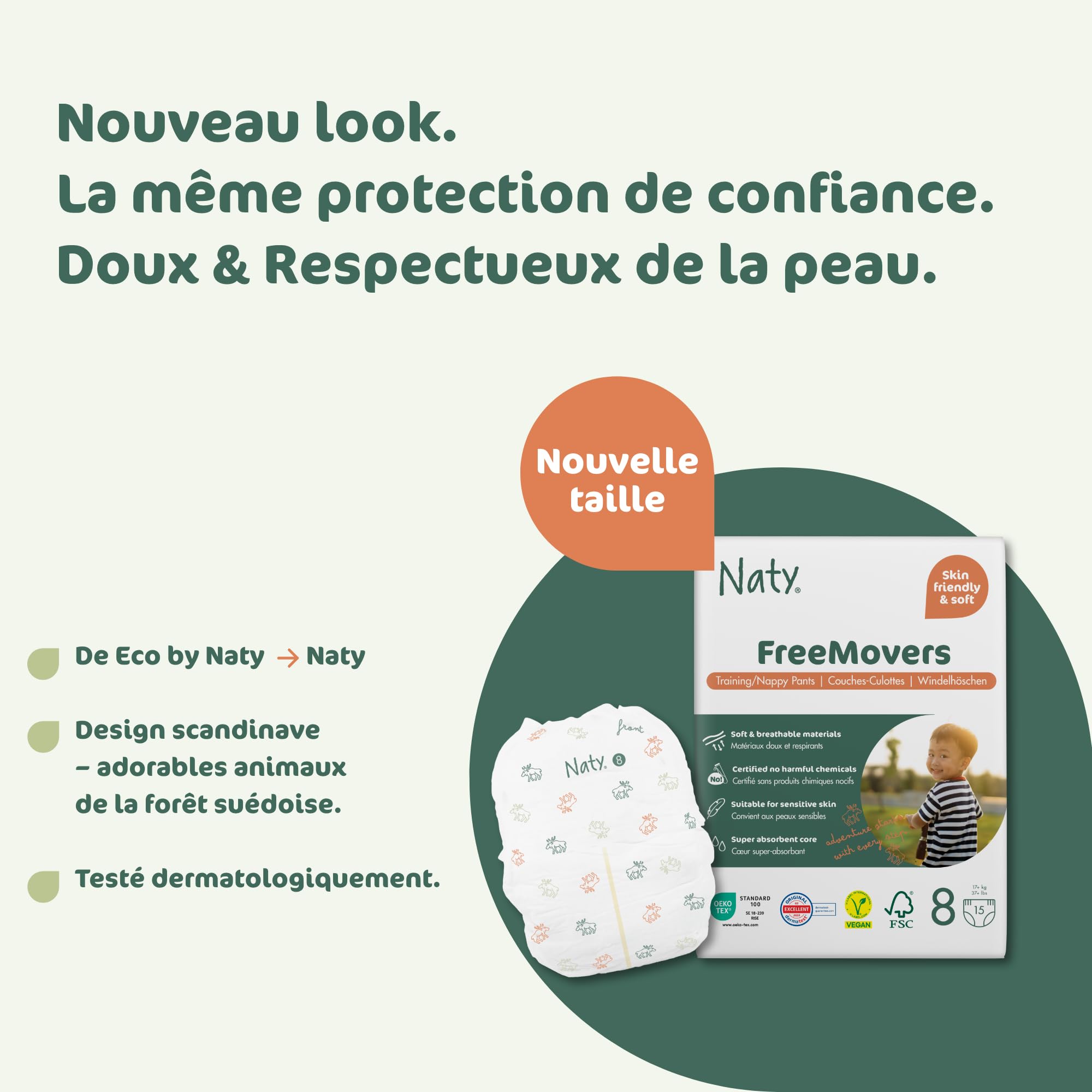 Naty FreeMovers Couches-Culottes, Taille 8 (17+ kg), 60 unités | Pour Peaux Sensibles, Pants Hypoallergéniques, Absorbantes, Protection Anti-Fuites jusqu'à 12h, Sans Parfum, Confort Stretch