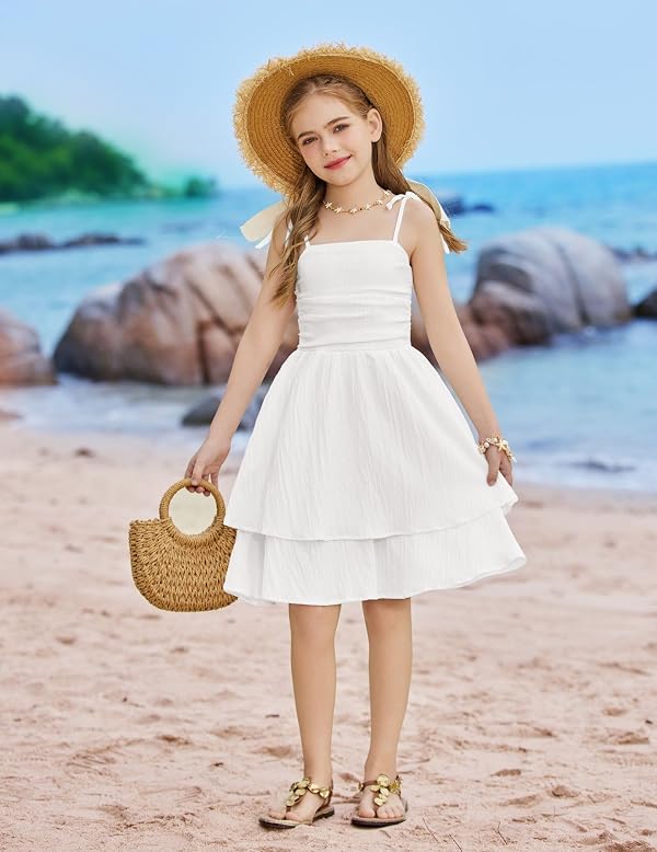 Arshiner Girl White Dress Summer Beach Boho Hawaiian Casual Wedding Easter Formal Spaghetti Strap Midi Teen Sundress Size 7 by Arshiner - Image 5