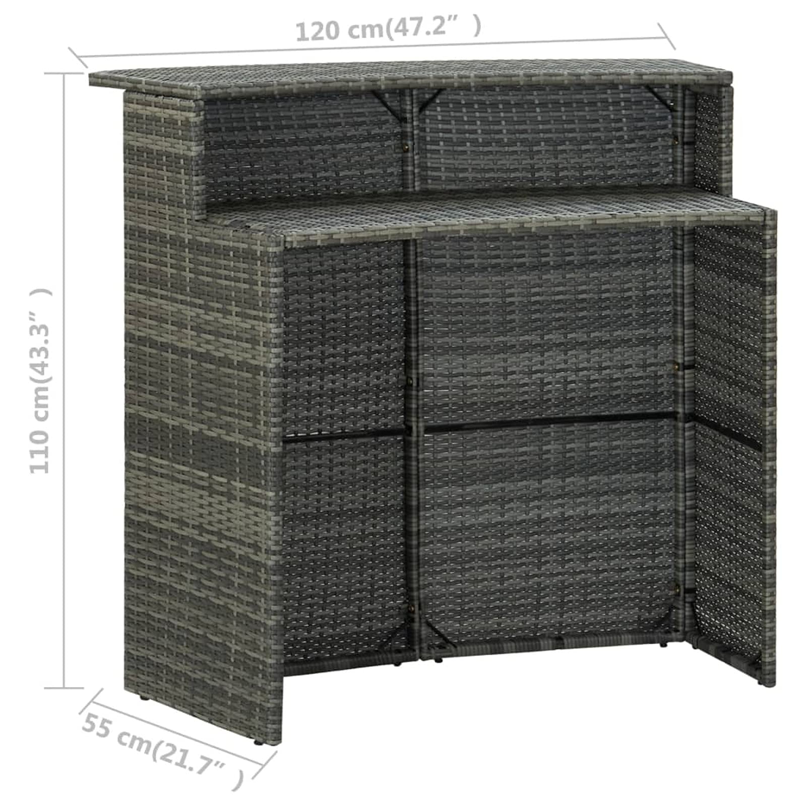 Tidyard Meuble de Bar de Jardin,Tables Basses de Jardin,Salon de Jardin Pas Cher,Table de Jardin Exterieur avec Chaise, Gris 120x55x110 cm Résine tressée