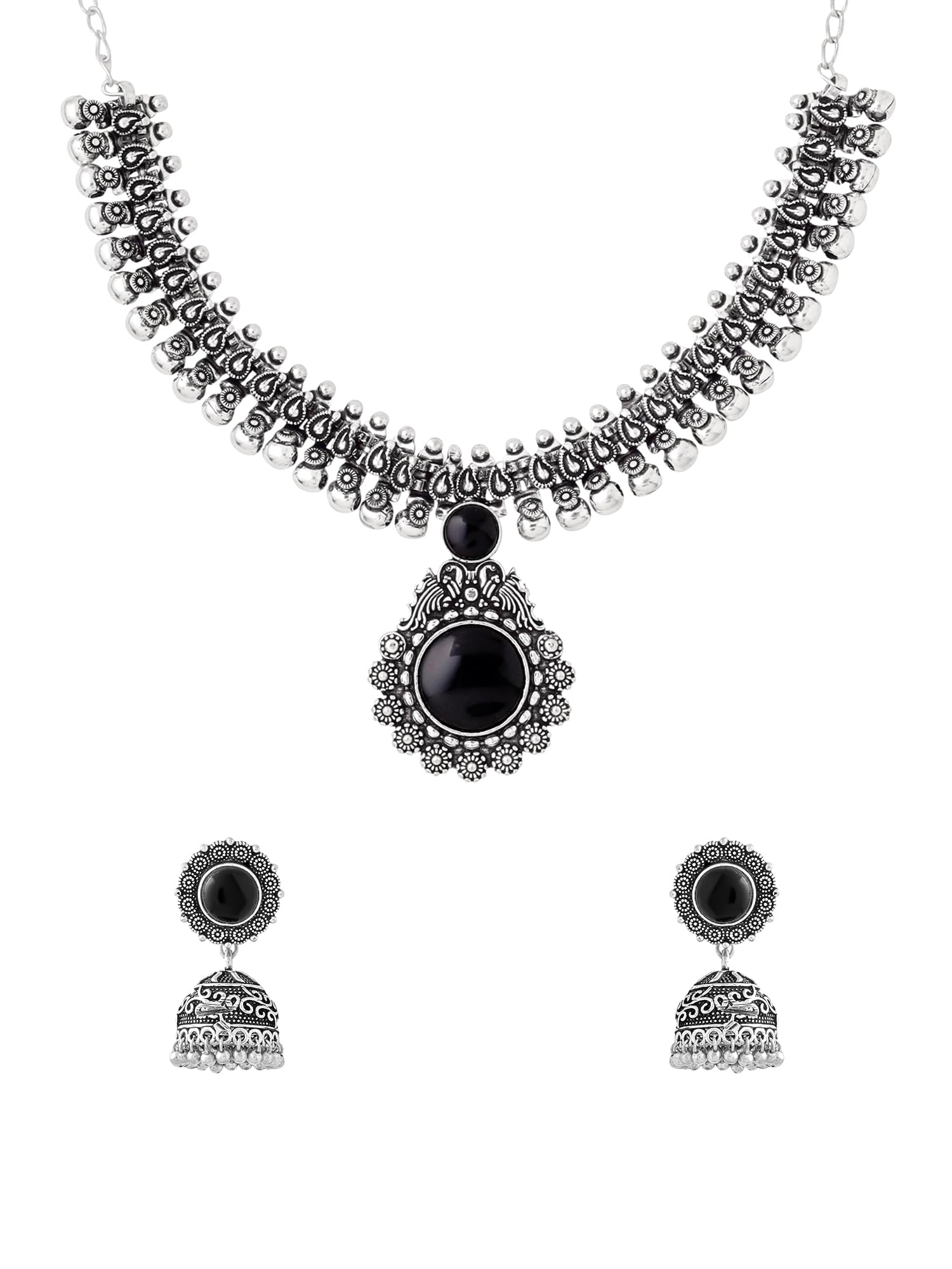 YELLOW CHIMESOxidized Silver Kolhapuri Necklace Set With Jhumka Earrings Jewellery Set For Women (Oxidized Silver, Black) (Yctjns-01Chokr-Bk)