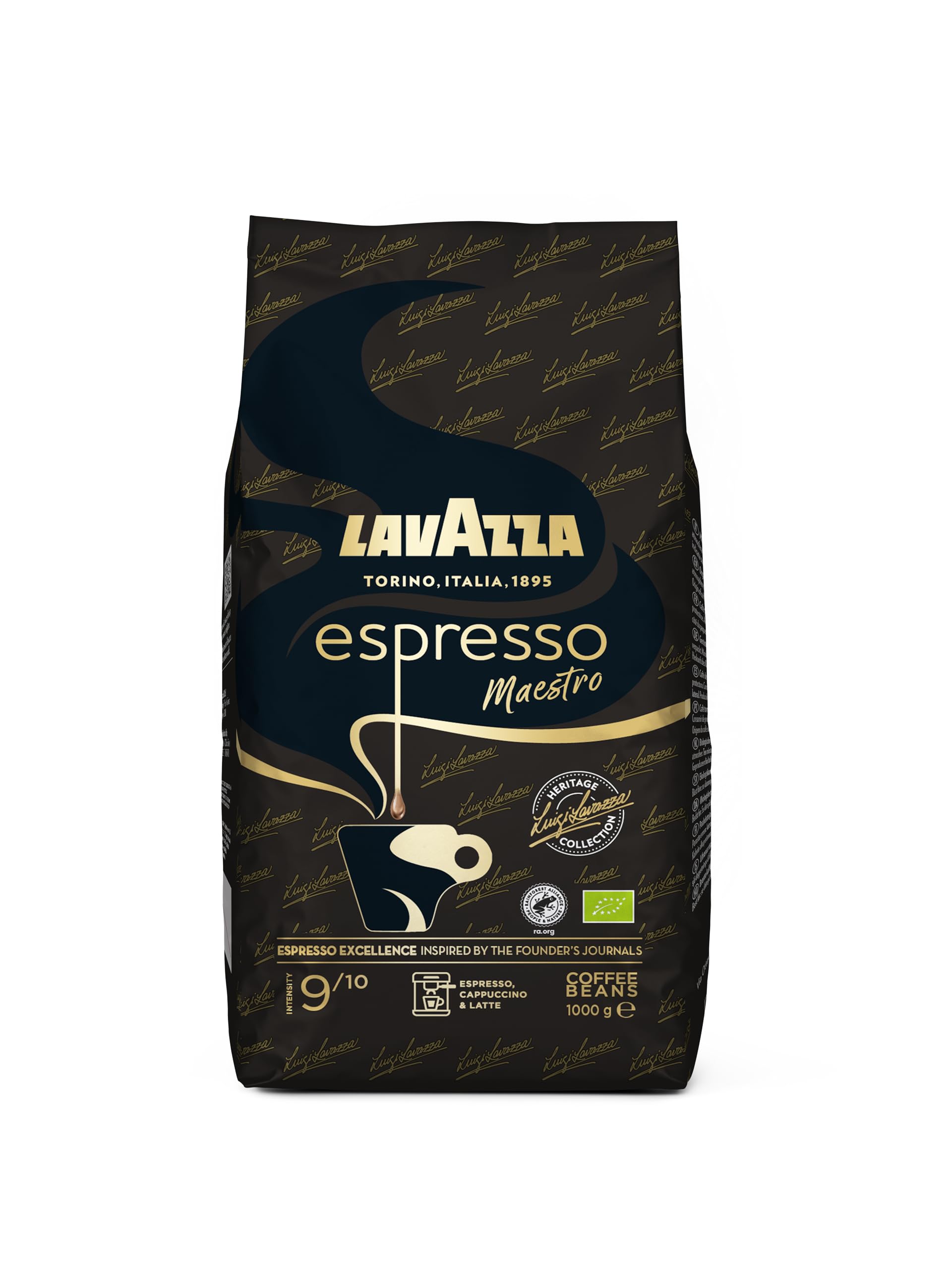 Lavazza, Espresso Maestro, Kaffeebohnen für Espressomaschinen, Ausgewogener & Aromatischer Frucht- und Blumengeschmack, Intensität 9/10, 100 % Bio Arabica & Robusta, Langsame & Sanfte Röstung, 1 Kg