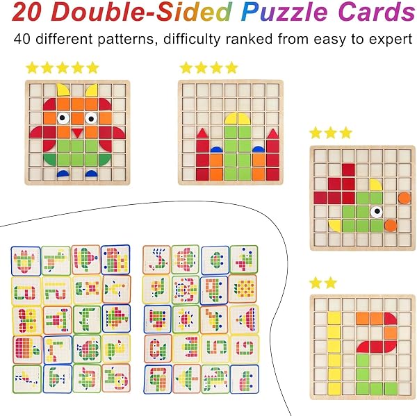 120pcs Gioco di Mosaico Puzzle e 20 Carte di Apprendimento, Tangram Legno Giochi Bambini, Forma Colore Mcthing Gioco, Giocattoli Educativi Montessori Regali per Ragazzi e Ragazze 3+ - 5
