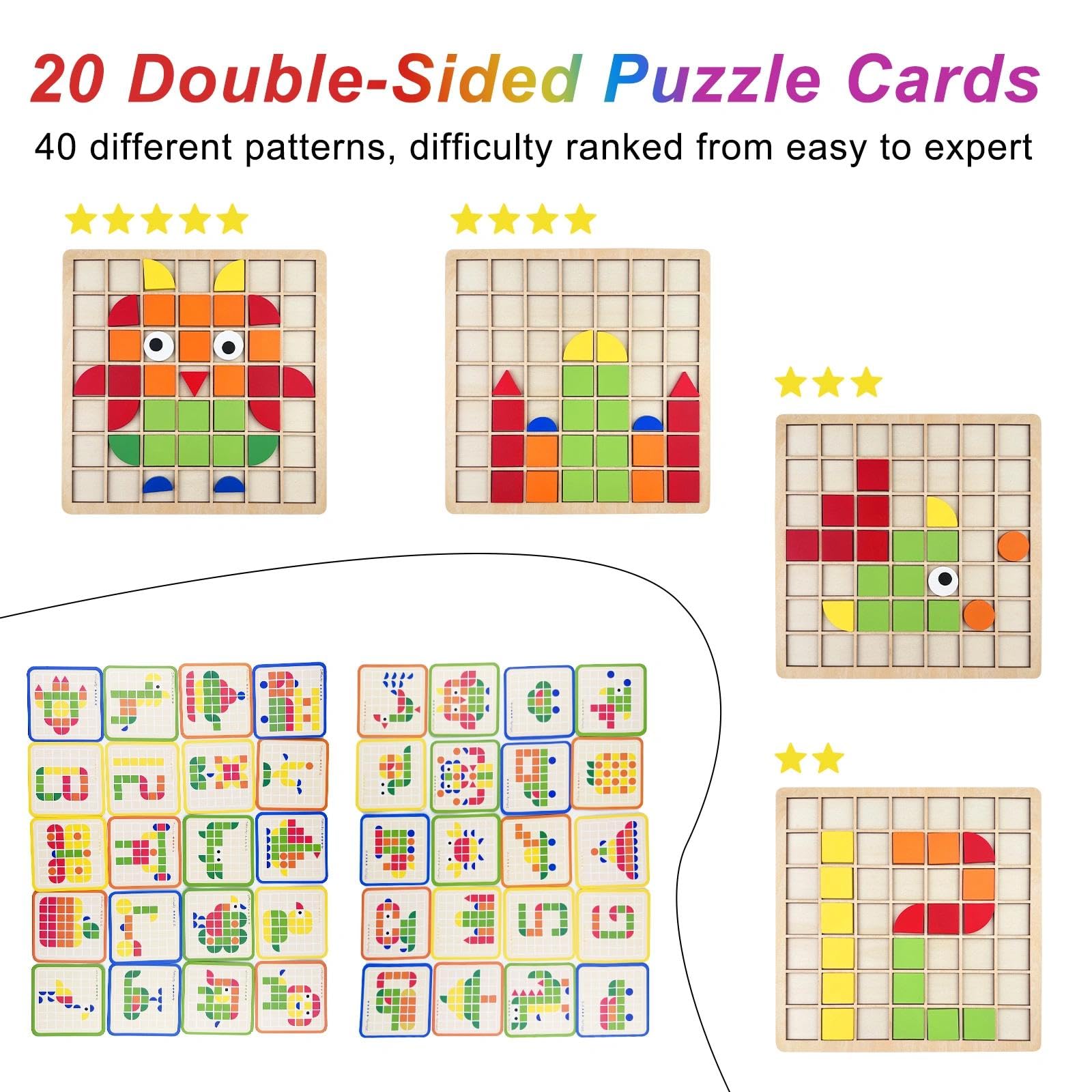 120 Piezas Puzzle de Mosaico Madera con 20 Tarjetas, Rompecabezas con Forma Geométrica, Juguete Puzzles de Tangram, Bloques de Patrones de Madera, Juguetes Montessori Niños 3 4 5 6 Años