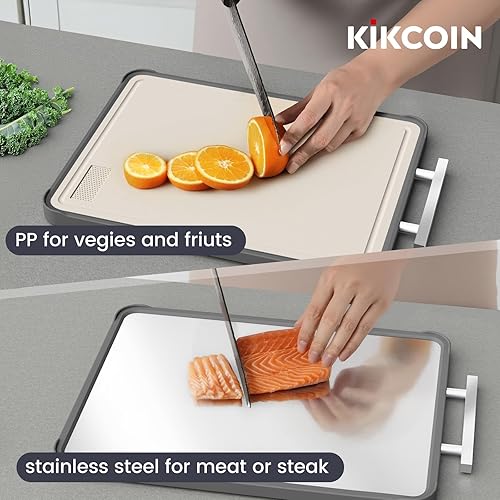 Miniatura 5 de Tabla de cortar de acero inoxidable Kikcoin, tablas de cortar de titanio de doble cara para cocina, tabla de cortar grande de acero inoxidable y