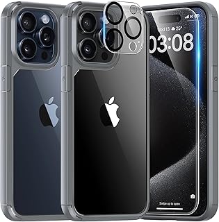 TAURI 5-in-1 for iPhone 15 Pro Case, [Not Yellowing] with 2X Screen Protector + 2X Camera Lens Protector, [Military Grade Drop Protection] Shockproof Slim Phone Case for iPhone 15 Pro, Gray