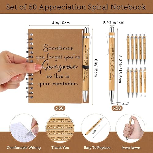 Miniatura 2 de Honoson Juego de 50 cuadernos en espiral, regalos de agradecimiento a los empleados, diarios inspiradores a granel con bolígrafos retráctiles de