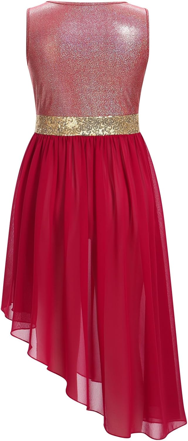 ODASDO Girl Praise Dance Dress Sleeveless Asymmetrical Overlays Tunic Tops Metallic Color Block Liturgical Worship Dancewear