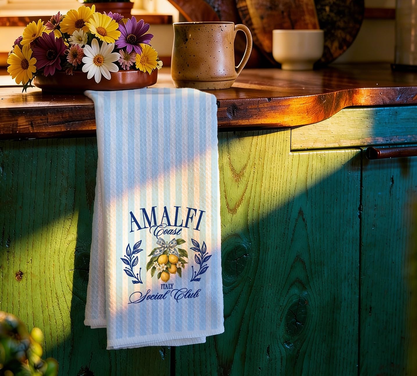 Italian Lemon Kitchen Towels Decorative 16x24 in, Mediterranean Amalfi Coast Lemon Hand Towels for Bathroom, Coastal Blue Striped Dishtowels for Kitchen