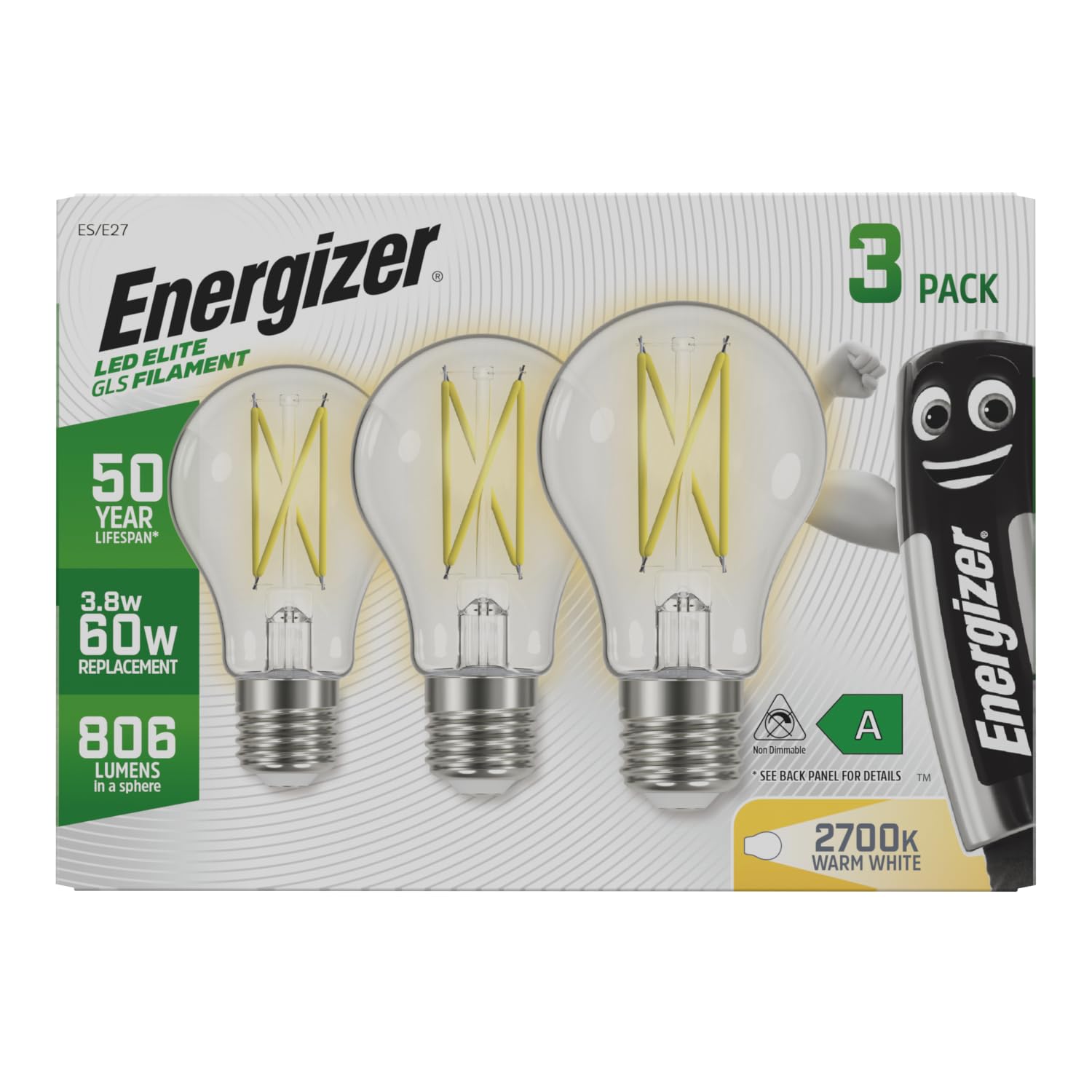 Energizer Ultra Efficient, 50 Year Life Span, E27 Edison Screw LED Light Bulbs