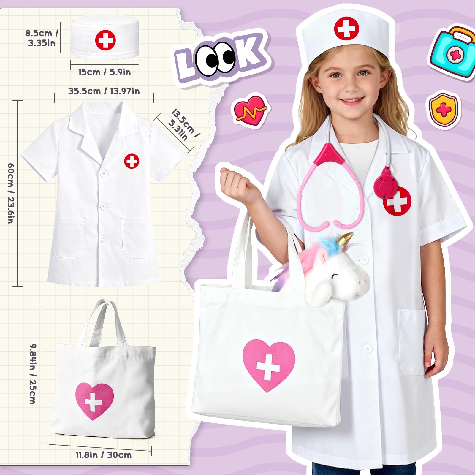 Kit Docteur Enfants, Coffret Médicale avec Peluche Licorne et Blouse de Docteur, Jeu de Rôle pour Enfants 3 4 5 6 Ans - Cadeau Noël et Anniversaire