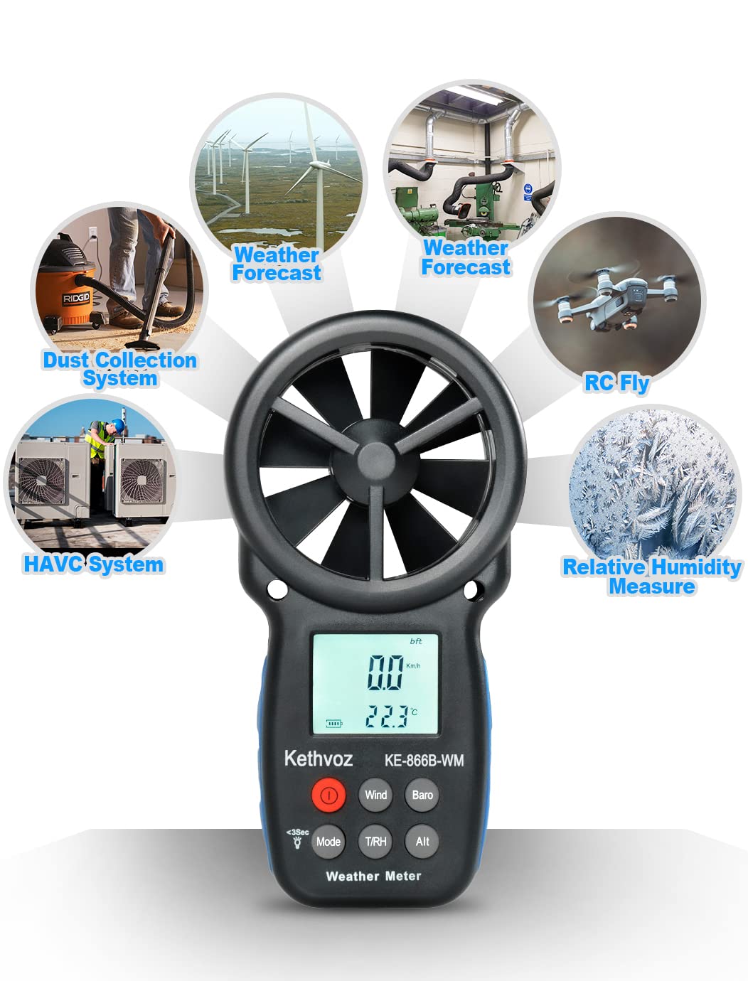 Anemómetro Digital Kethvoz KE-866B-WM Medidor de Viento con Barómetro, Altímetro y Medición de Humedad
