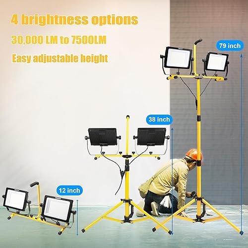 Miniatura 4 de Luz de trabajo LED de doble cabeza de 270 W 30000 lúmenes con soporte para trípode, 4 brillos ajustables, cable de alimentación impermeable IP 65 de