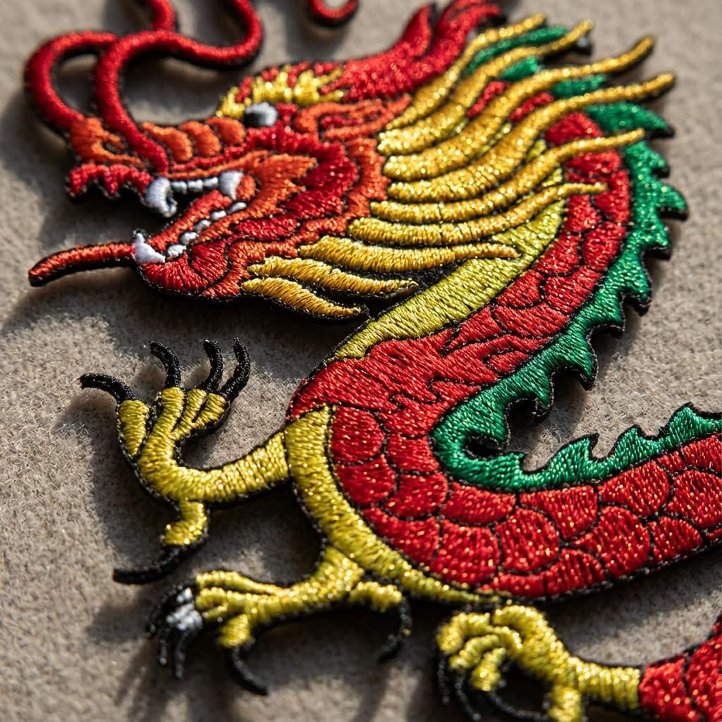 Chinese Gold Dragon Decorative Iron-On Embroidery Patch - Handcrafted Vibrant Applique for Jackets Clothing and DIY Projects 8.5 x 5.5 Inch Multi-Color (Red)