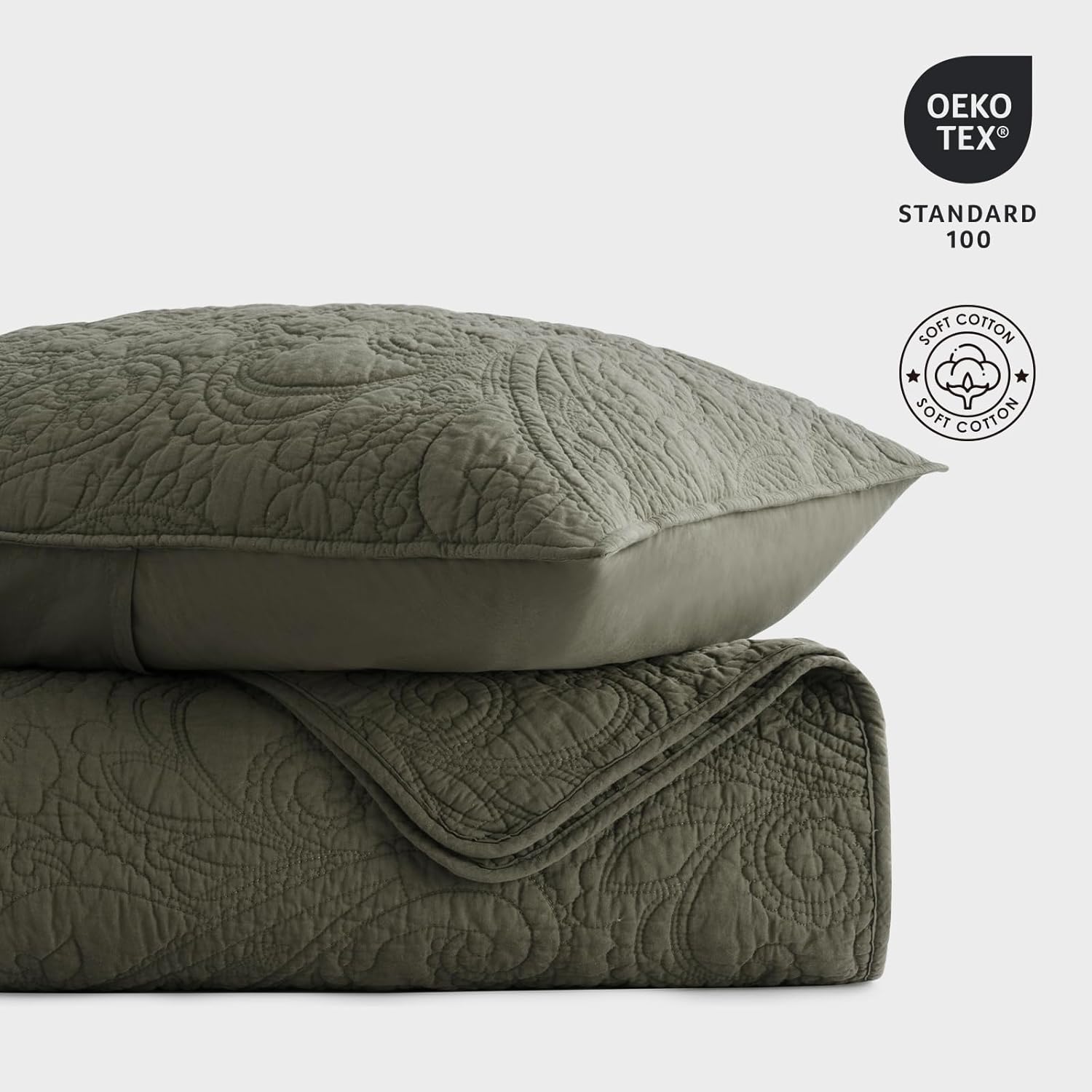 EVERGRACE 100% Cotton Paisley Quilt Set, Queen Size 3 Piece Set – Prewashed Lightweight Bedspread with 2 Shams, Soft & Breathable Coverlet for All-Season Comfort, Olive Green - Image 4