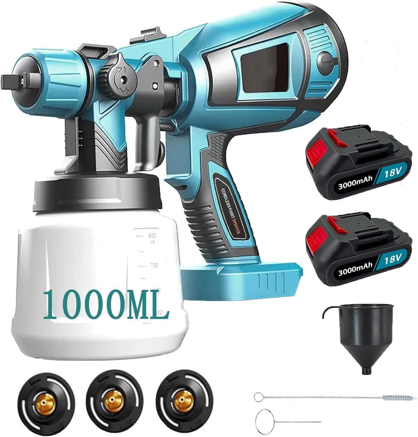 Akku Farbsprühsystem, Kompatibel mit Makita mit 2X 3000mAh Akku und Ladegerä,18V Elektro Lackierpistole mit 3 Düsen, 3 Spritzmuster,mit Abnehmbarem 1000ml-Farbeimer, zum Streichen