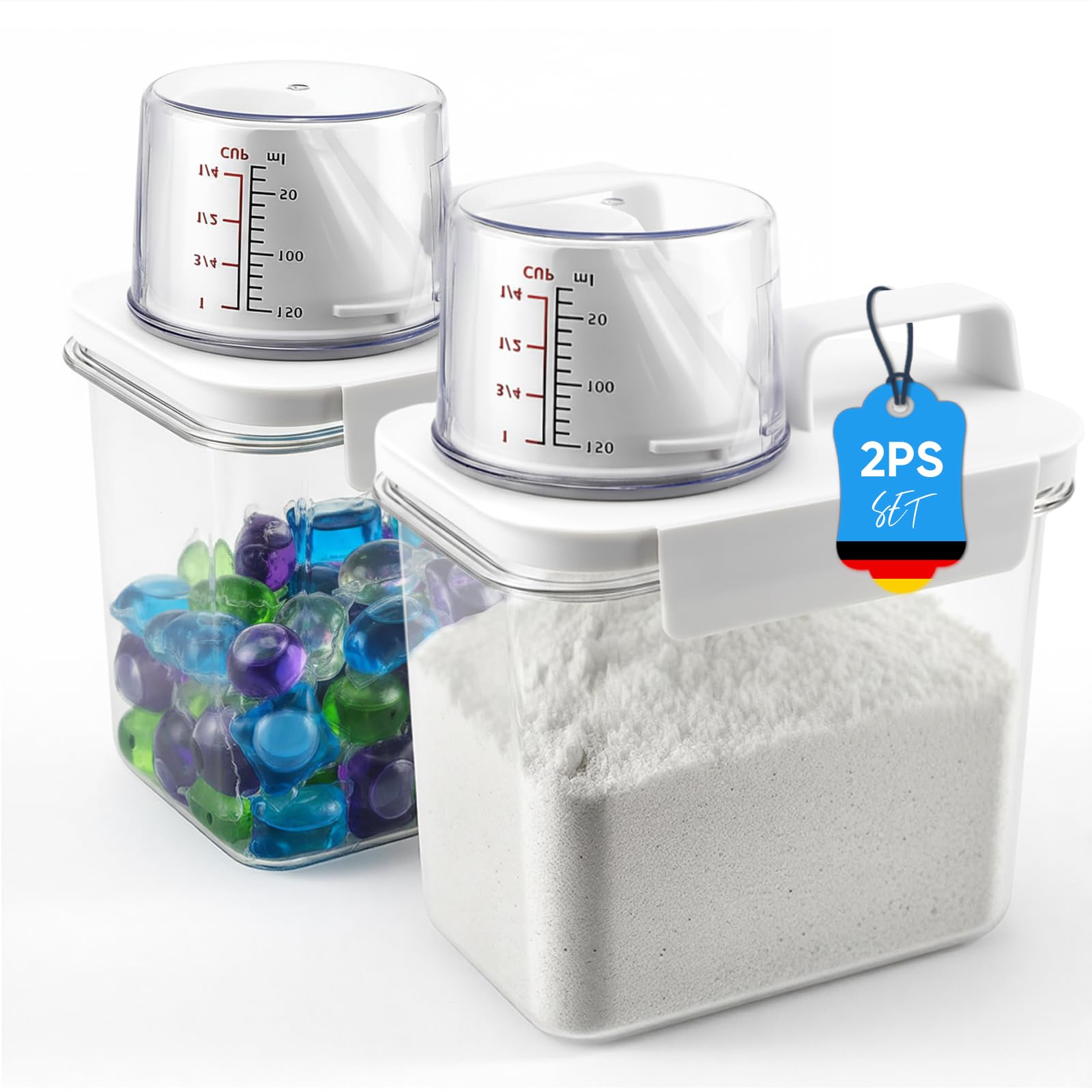 2 Pcs Dispensador detergente de 1100 ml, Dispensador Hermético | Detergente Con Vaso Medidor, Caja de Almacenamiento Para Polvo de Lavado para Detergente, Alimento, Mascotas