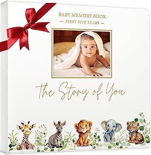 Baby Book Keepsake - Timeless Baby Memory Book for Boy or Girl I First 5 Year I Faux Leather, Gender Neutral, Safari Theme w/Gold Foil Stamp - Baby First Year Book Journal Scrapbook Photo Album Shower