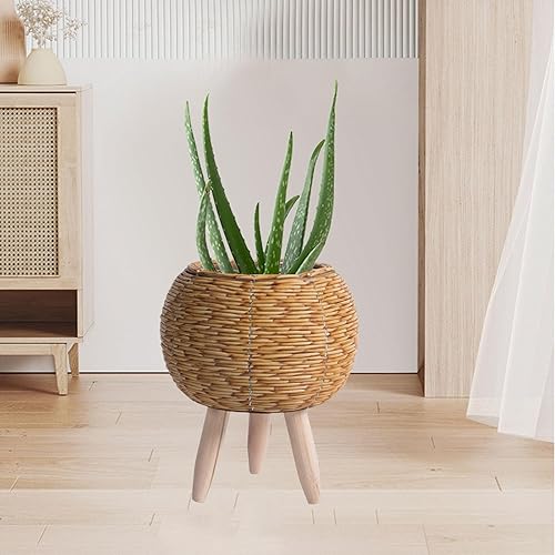 Miniatura 4 de Cesta tejida para plantas con patas, maceta rústica de ratán para balcón, apartamento, decoración de sala de dibujo, bola, color marrón claro