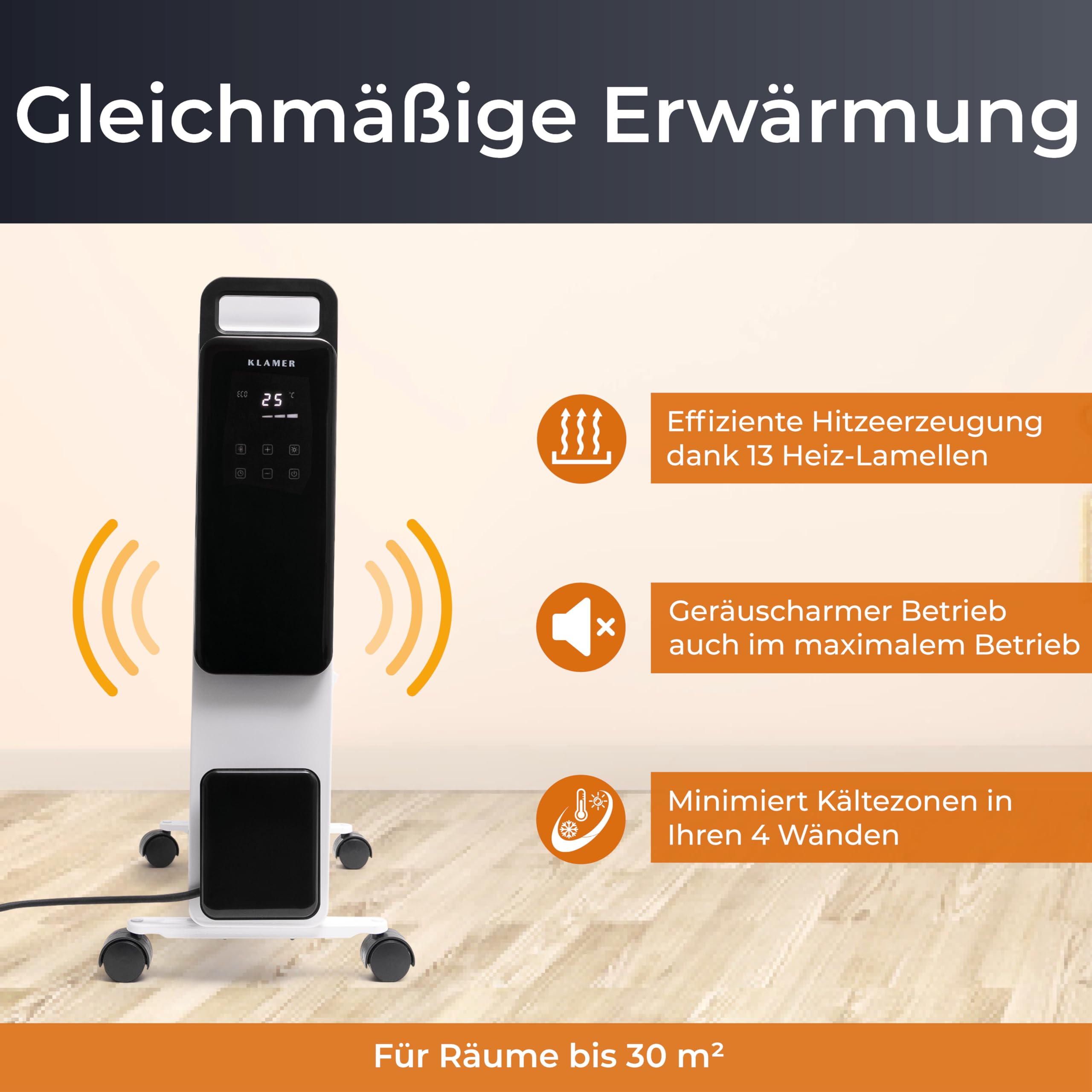 KLAMER Ölradiator 2500 W, Elektroheizung energiesparend, 13 Rippen, 3 Heizstufen mit Eco-Modus, 24h Timer, Thermostat, Überhitzungs- & Kippschutz, mit Fernbedienung, für Innenräume, weiß