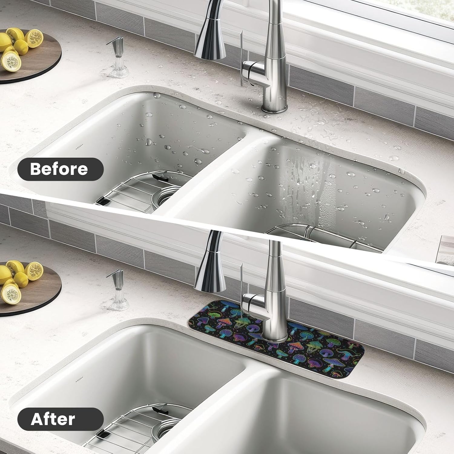 Cool Mushroom Mushrooms Kitchen Sink Splash Guard Faucet Mat Super Absorbent Fast Drying Mat Sink Gadgets-Fast Drying Pad Sink Mat For Kitchen Bathroom (15" X 5.5" ) image 4