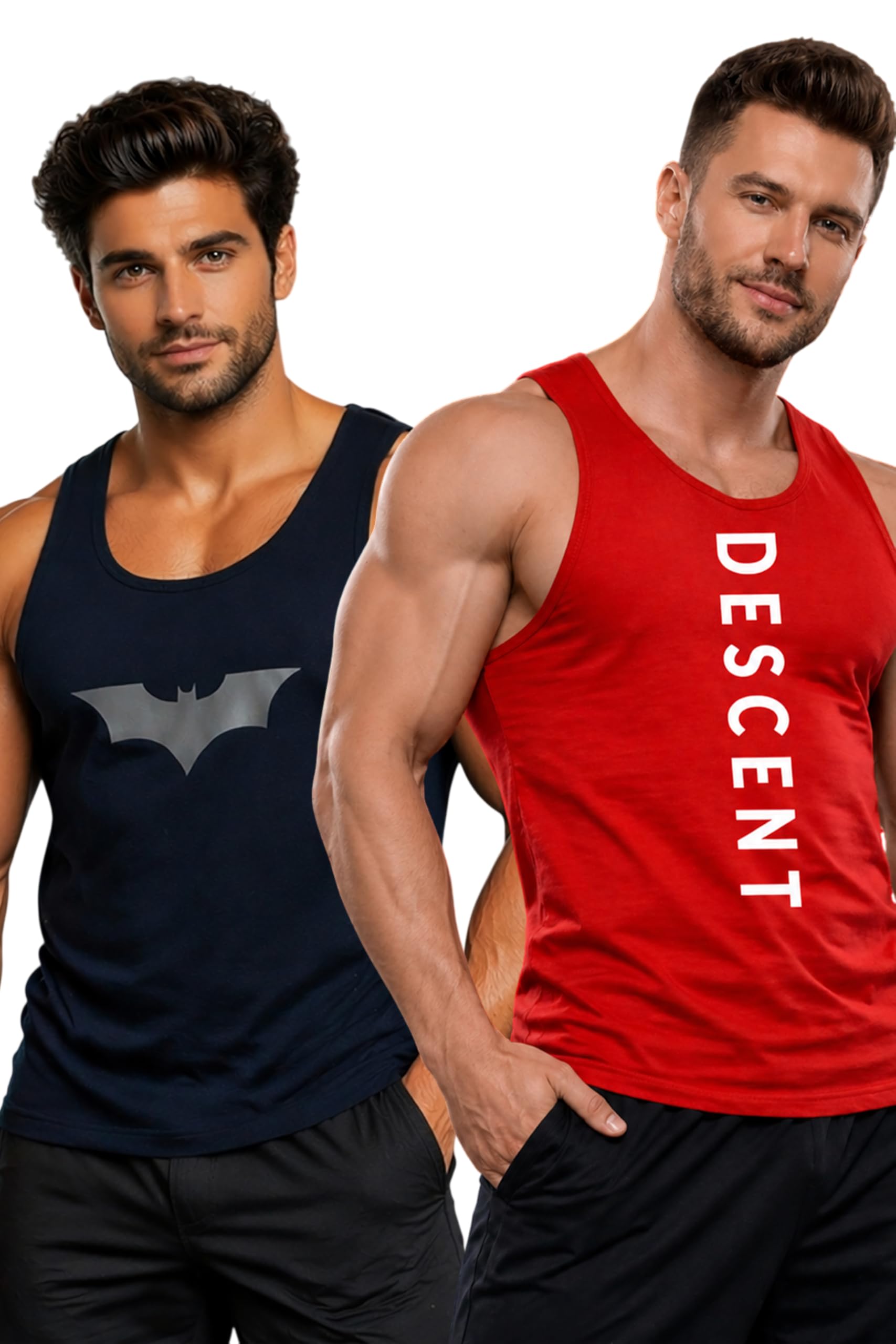Polyester Letter Printed Vest for Men - Pack of 2 - Red & Navy Blue | Round Neck | Sleeveless | Regular Fit | Summer & Gym Wear Tank Top for Men-image-2