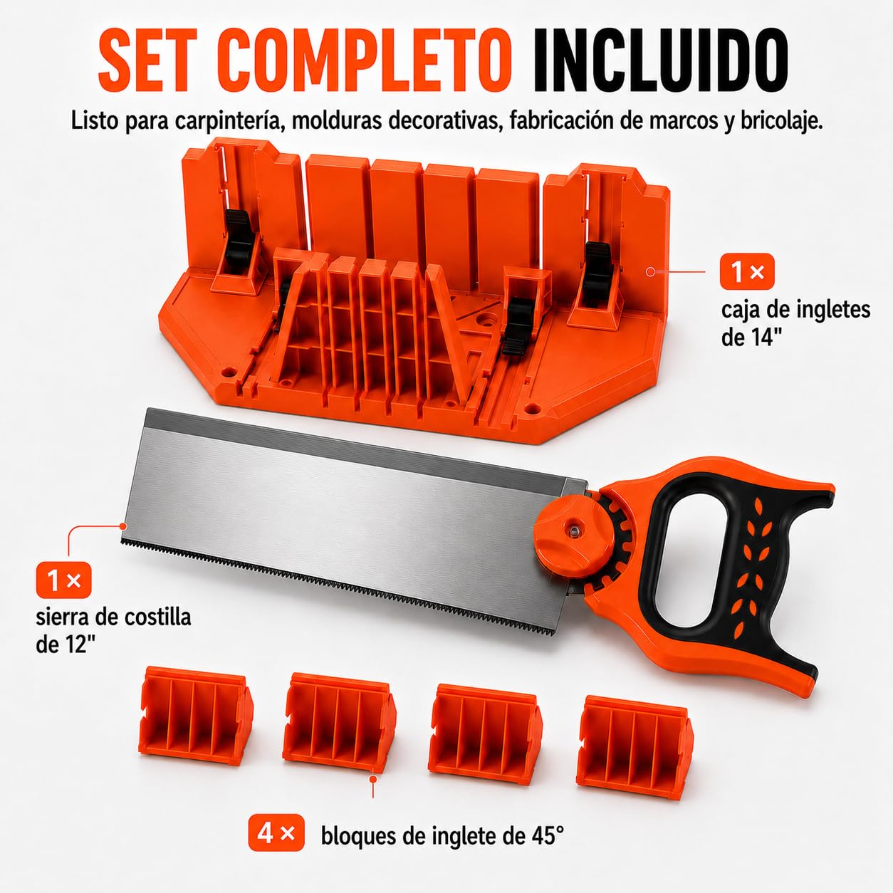 14" Caja de Ingletes con Sierra, Ingletadora Manual Caja, Guia Ingletes Plastico con 0°/22,5°/45° Corte De Múltiples Ángulos, para Carpintería, Bricolaje, Decoración Del Hogar, Marcos de Fotos