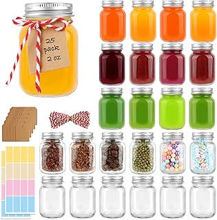 25 Pack 2 oz Mason Jars with Silver Lids, Mini Glass Jar for Ginger Shots, Small Juice Shot Container for Beverage Storage Candle Gifts Honey Jam Spices Wedding Party Favors