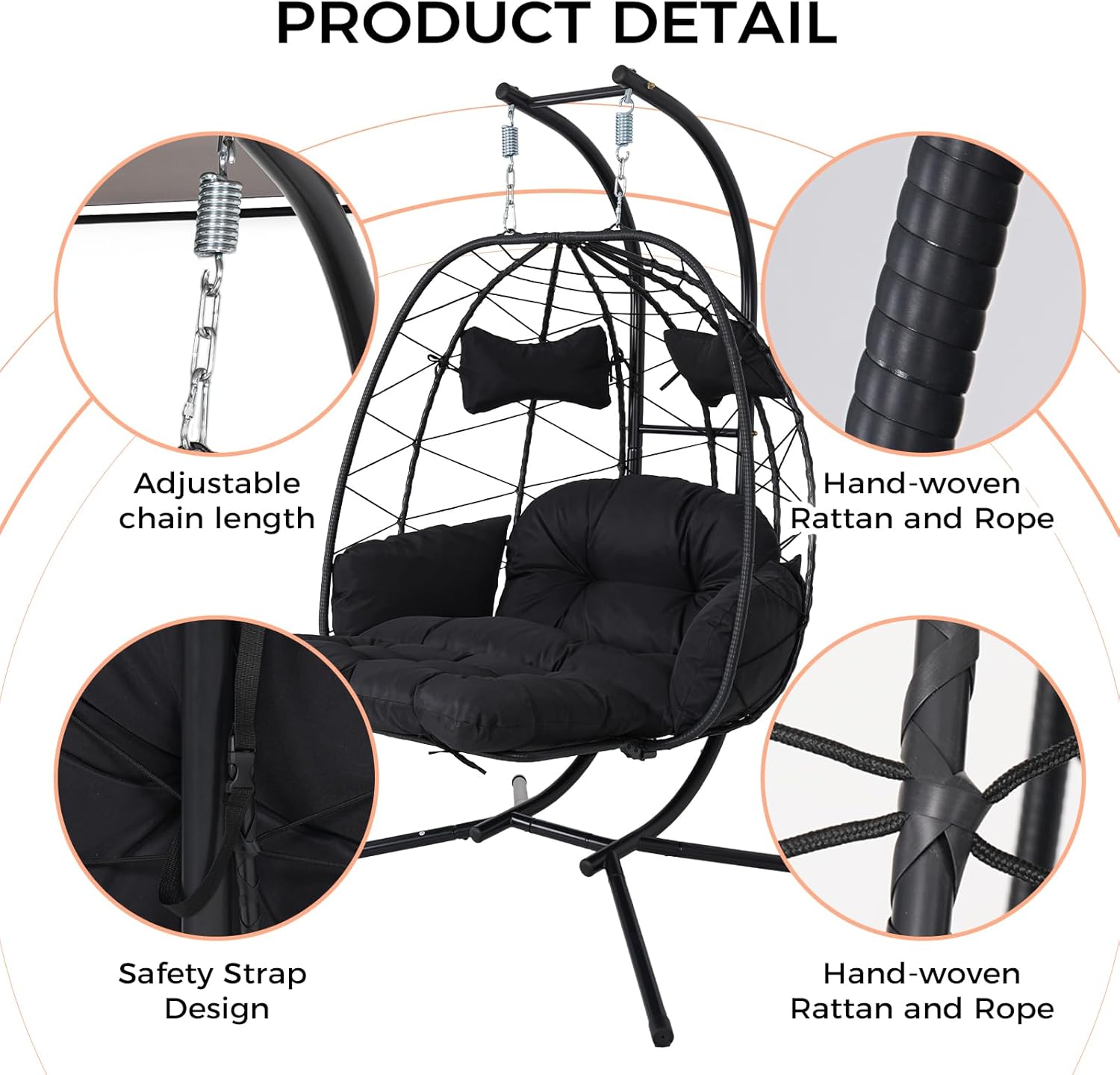 Double Outdoor Egg Chair with Stand, 2 Person Hanging Egg Chair with Adjustable Footrest Outdoor Indoor, Oversized Wicker Hammock Swing Chair with Thickened Cushions, 660Lbs, Blue
