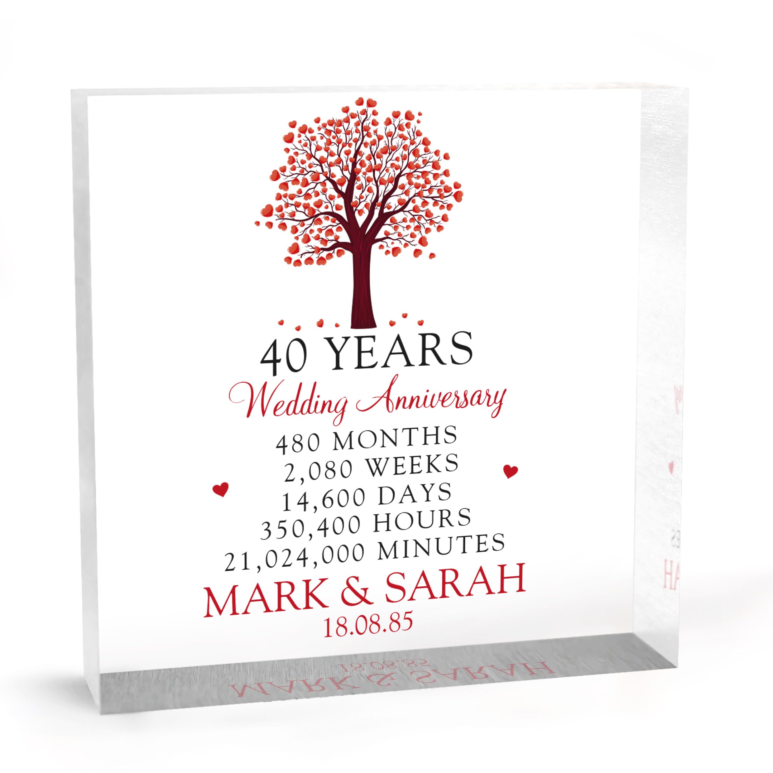 Beecreative 40th Anniversary Gift For Husband Wife Mum and Dad Personalised - Ruby Wedding Anniversary Gift For Parents Him Her - 40 Years Married Gift - With Grey Bag