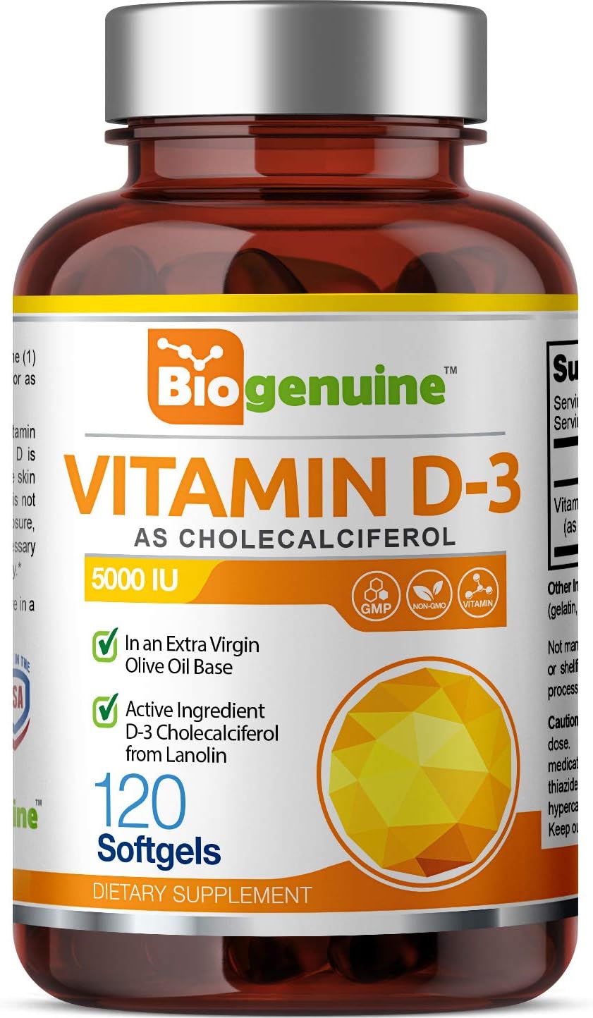 Vitamin D3 5000 IU Softgels 120 Count (125mcg) - Vitamin D-3 High-Potency in Extra Virgin Olive Oil Non-GMO Soy Free for Men and Women - VIT 3D Supplement Supports Strong Bones & Immune Health