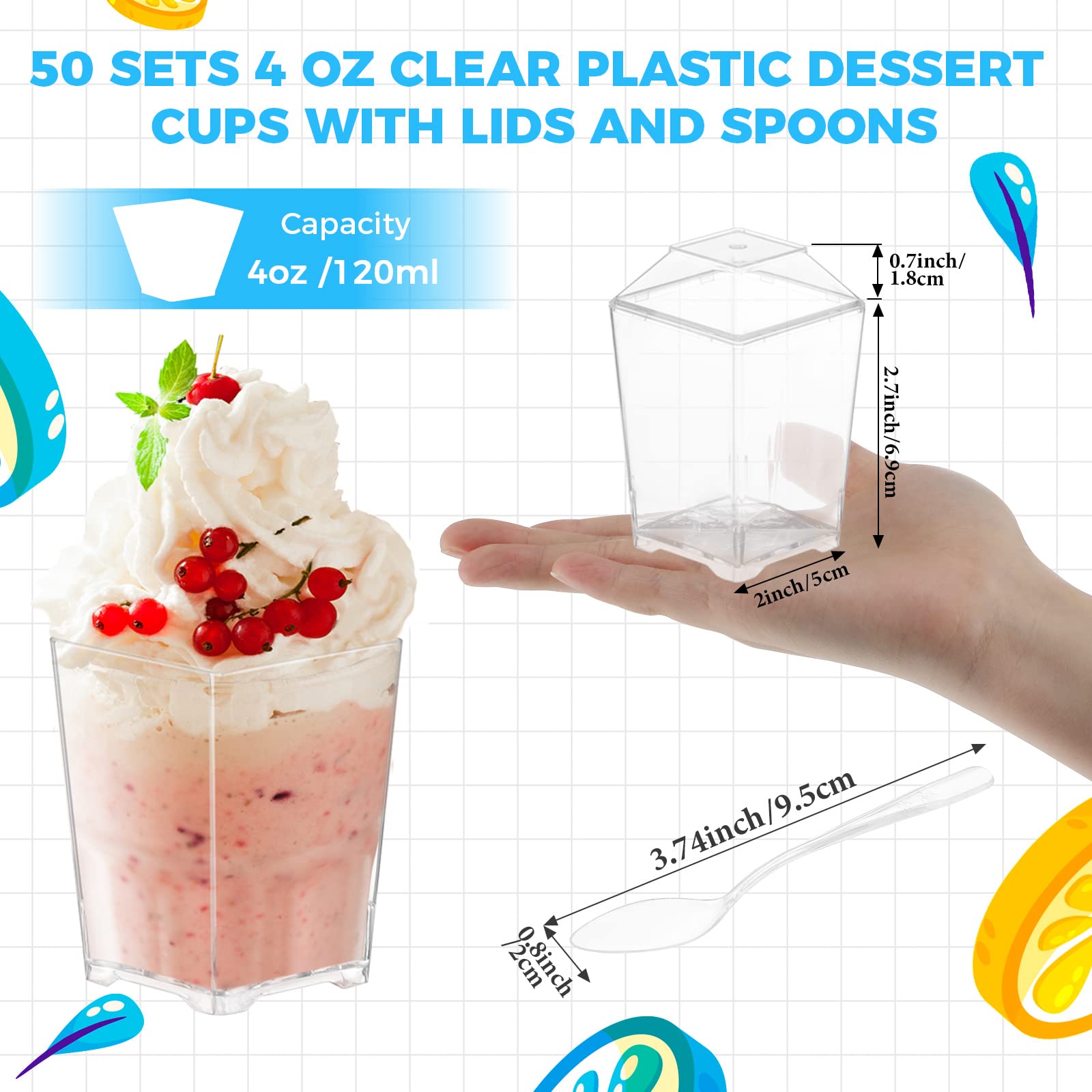 Zhehao 50 Sets 4 oz Clear Plastic Dessert Cups with Lids and Spoons Square Appetizer Cups Mini Parfait Cups with Lids Shooter Cups Pudding Cups with Lid for Tasting Party Appetizer Fruit Trifle Mousse