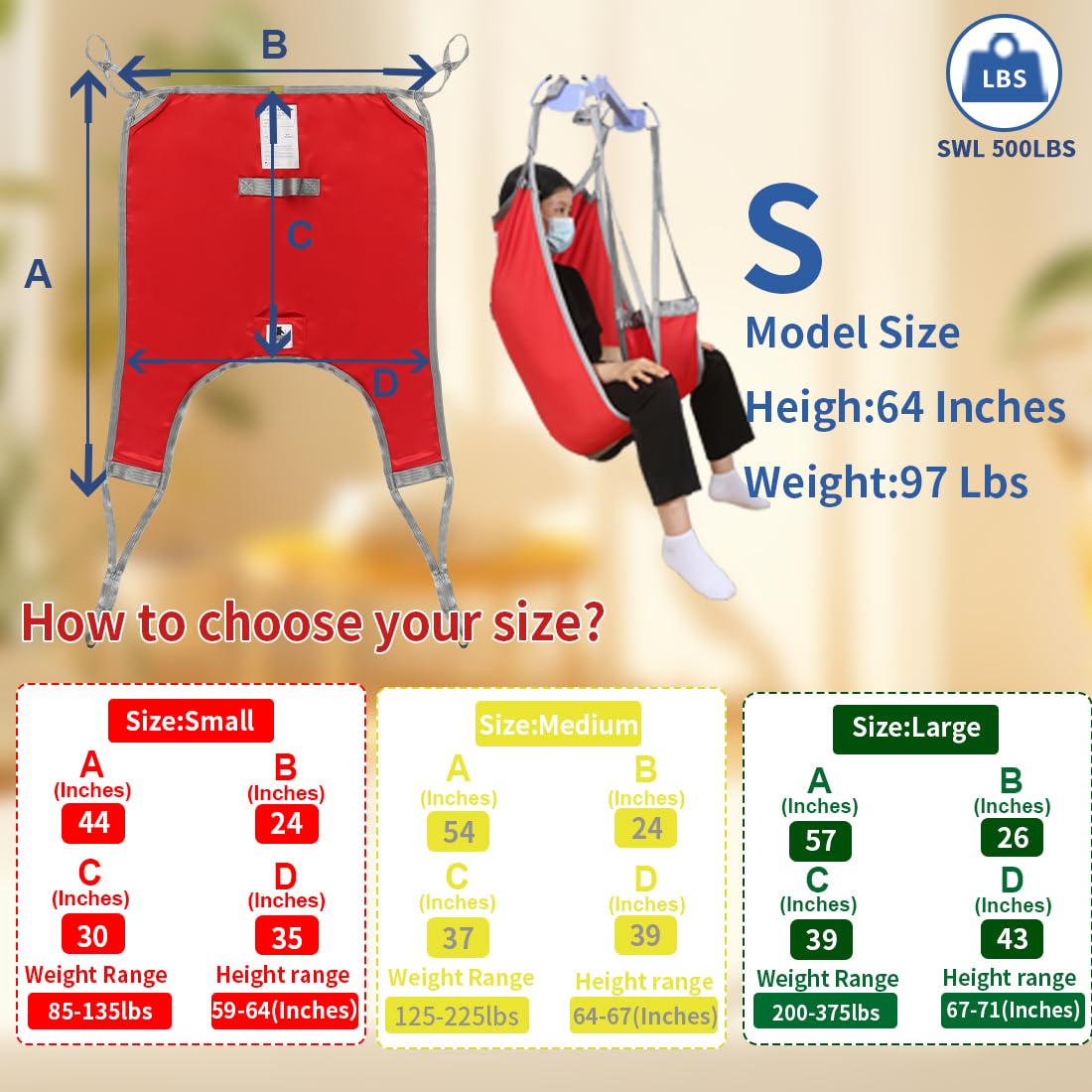 EZ Assistive Eslinga de pierna dividida para levantamiento de pacientes con espalda baja, correa de elevación para transferencia, posicionamiento y elevación, capacidad de peso de 500 libras (S-rojo)