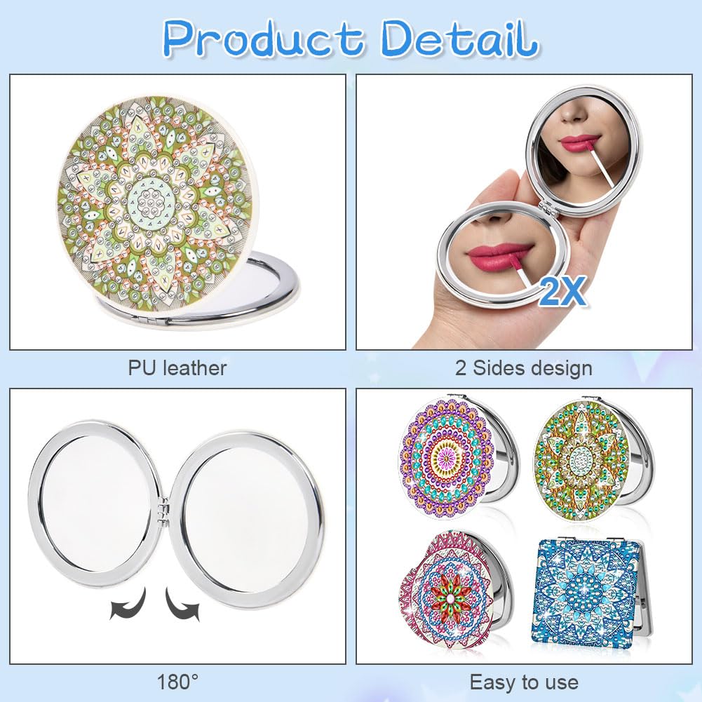 AUAUY 4-Piece Compact Mirrors, 5D DIY Mandala Diamond Art, Portable Folding Makeup Mirror - Image 2