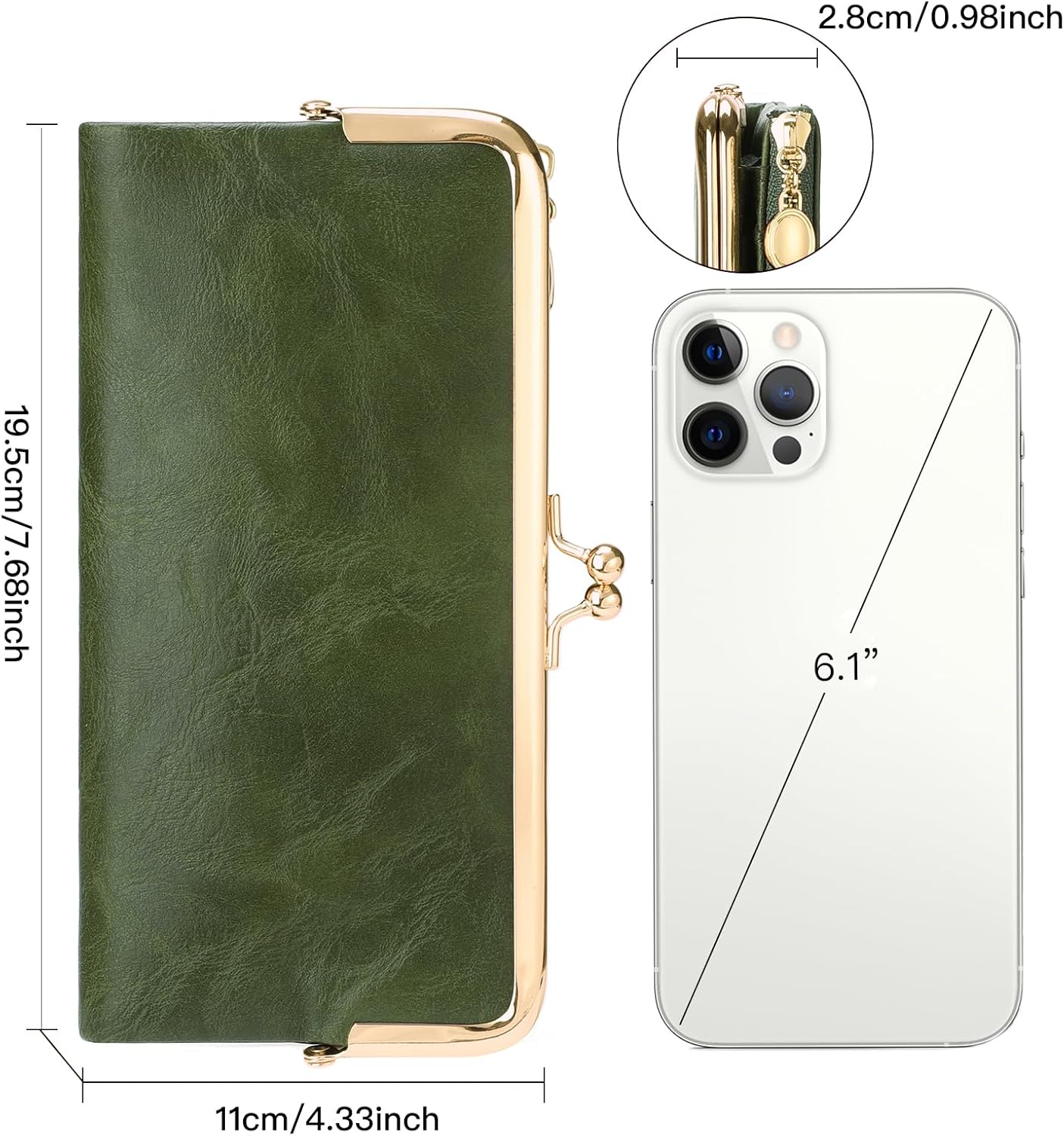 GOIACII Womens Wallet Ladies Vintage Billfold Compact Card Holder Long Zip Clutch Purse with Kiss Lock Green - Image 3