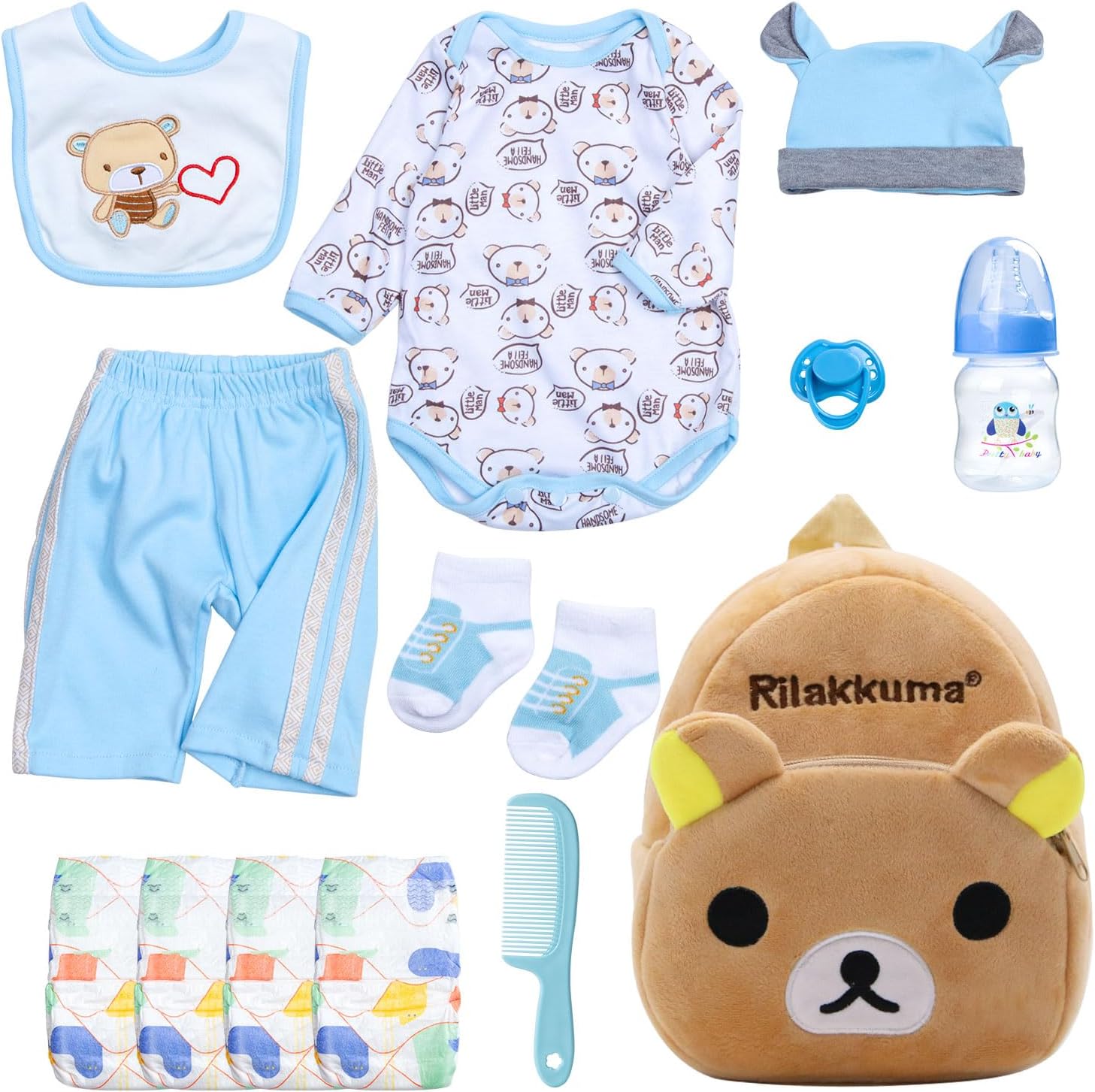 13-Piece Reborn Baby Doll Clothes 17-22 Inch Blue Bear Babydoll Boy Clothes and Accessories Set Newborn Baby Doll Outfit with Backpack Diapers and Feeding Stuffs